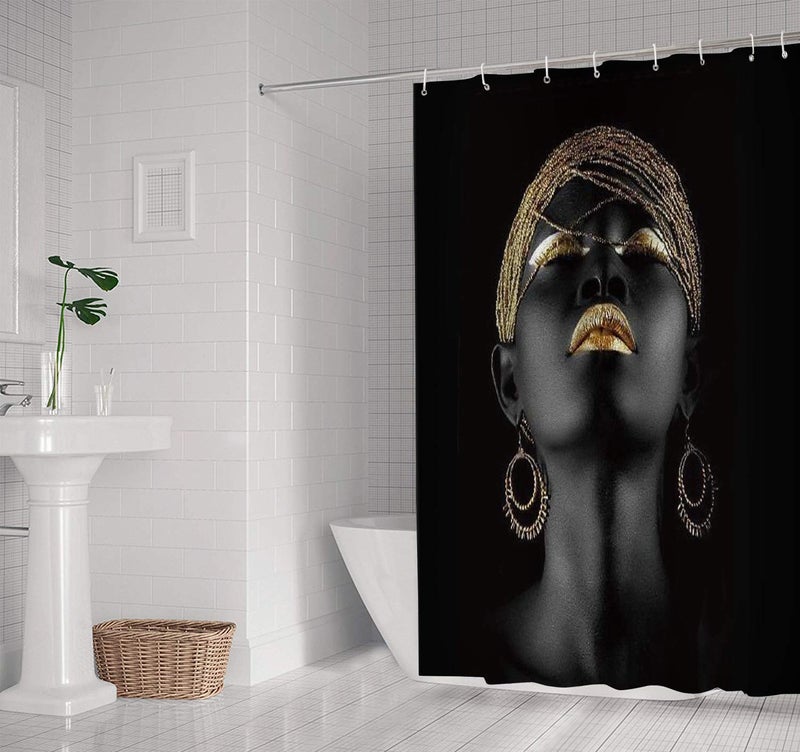 NTETSN Afro Girl Shower Curtain, Black Girl Golden Lips Decor Set with 12 Hooks 72 X 72 in Washable Polyester Fabric, Bathroom Accessories, LHNT406-72 - Image 3
